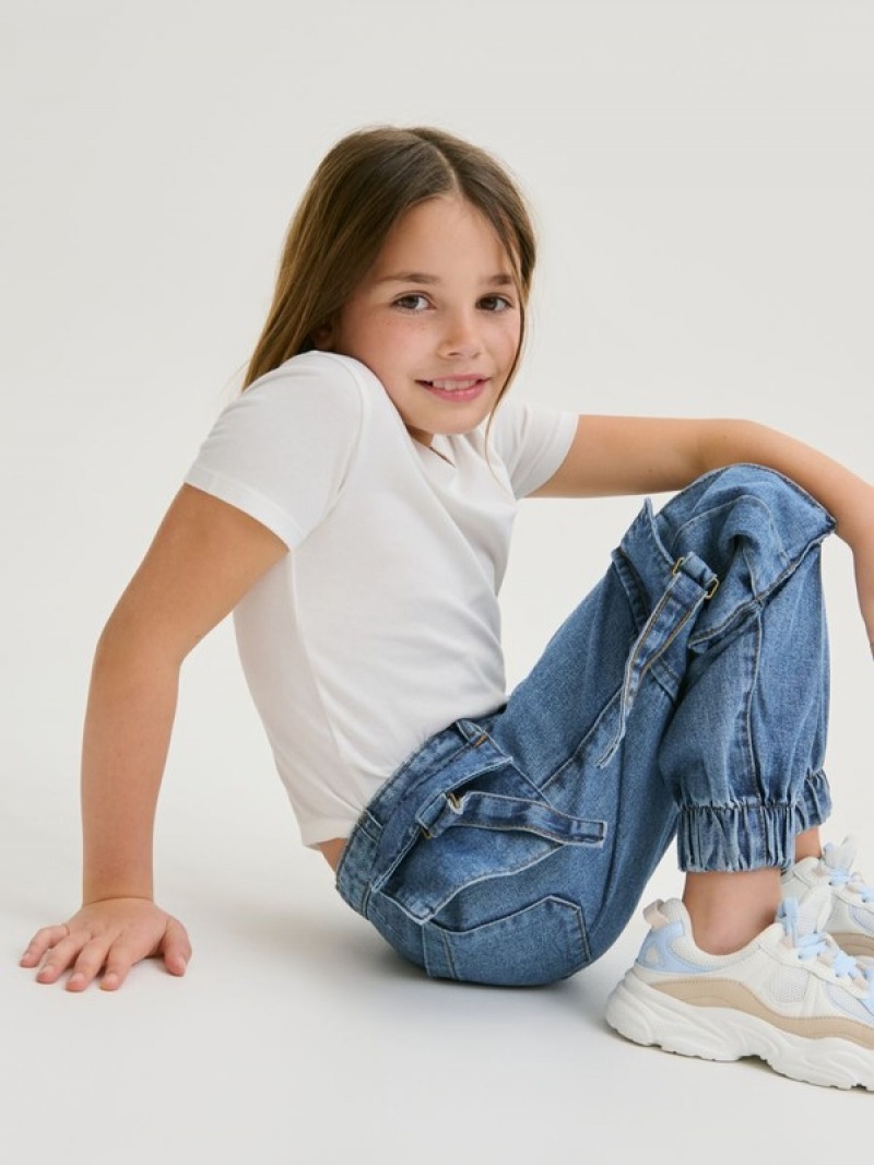 Blue Girls' Reserved Classic Denim Joggers Jeans | 91456PKQY