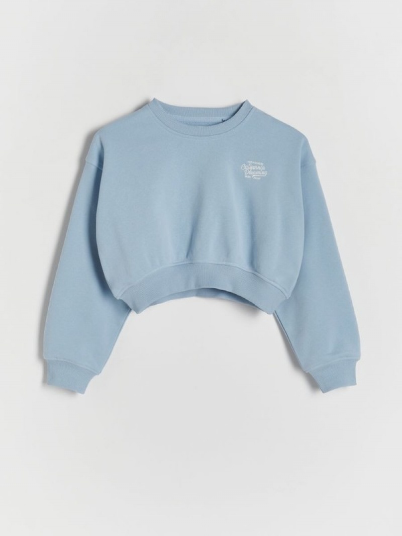 Blue Girls' Reserved Short Printed Sweatshirts | 41679HZYS