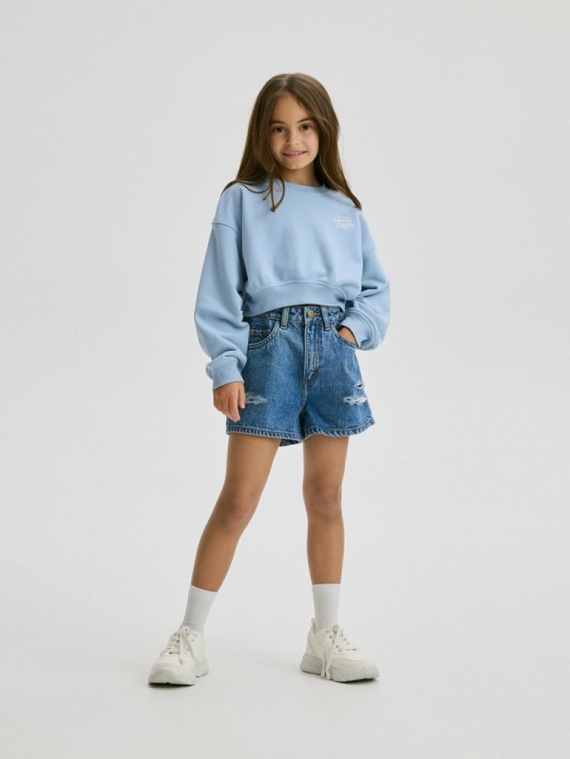 Blue Girls' Reserved Short Printed Sweatshirts | 41679HZYS