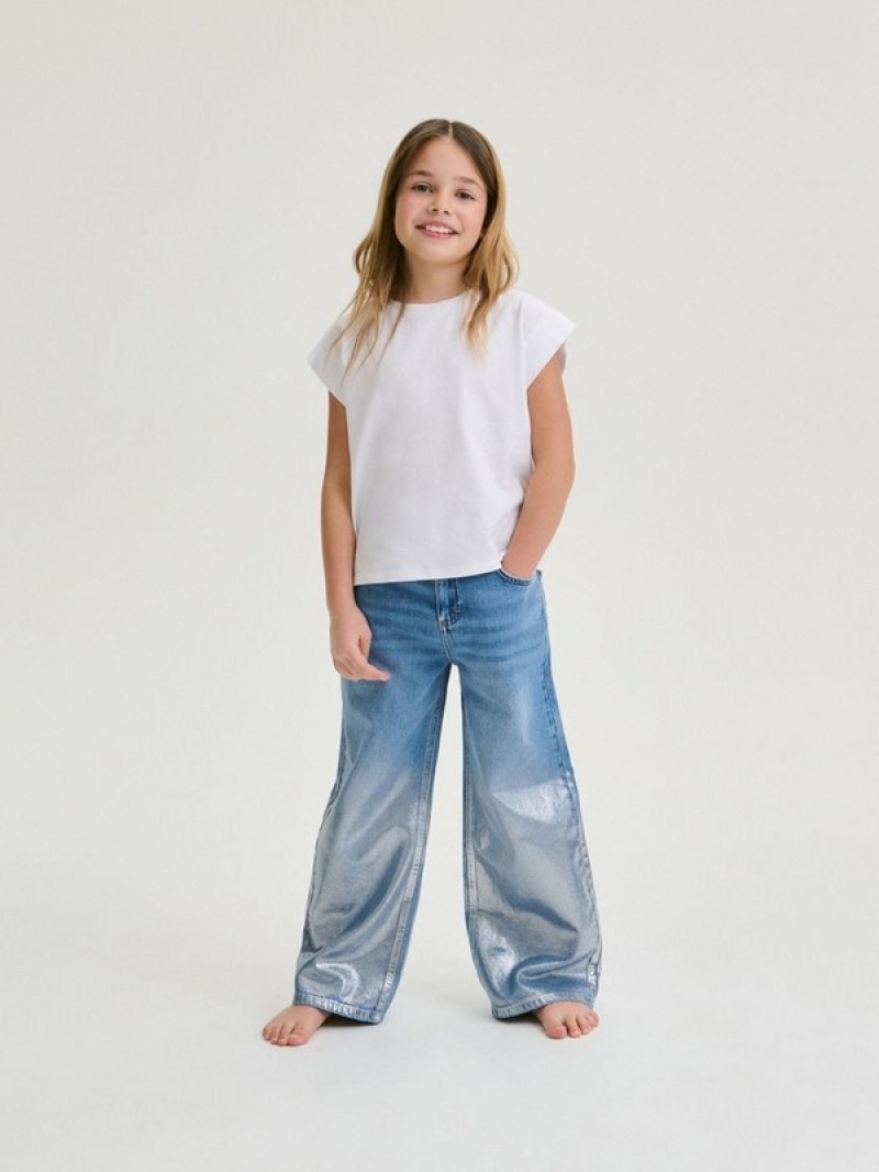 Blue Girls' Reserved Super Wide Legshiny Legs Jeans | 04982HACI