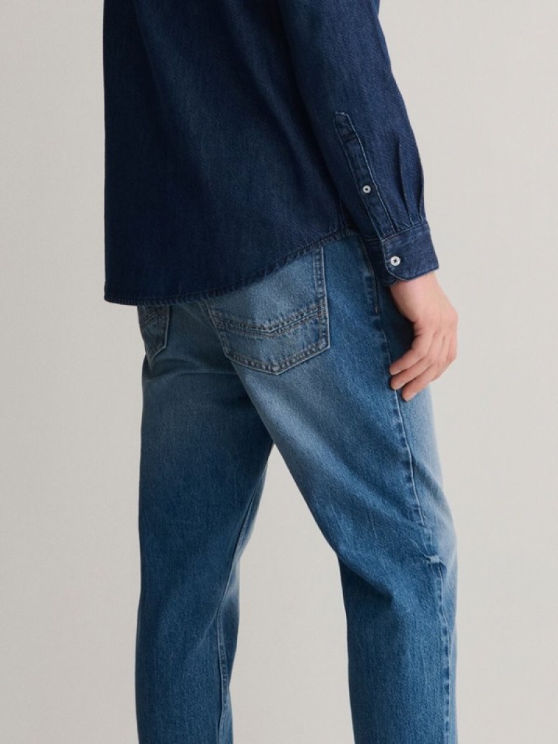 Blue Men's Reserved Carrot Cropped Jeans | 85703NQLH