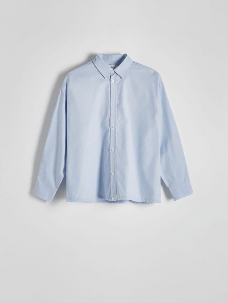 Blue Men's Reserved Oversized Cotton Shirts | 96072RMSQ