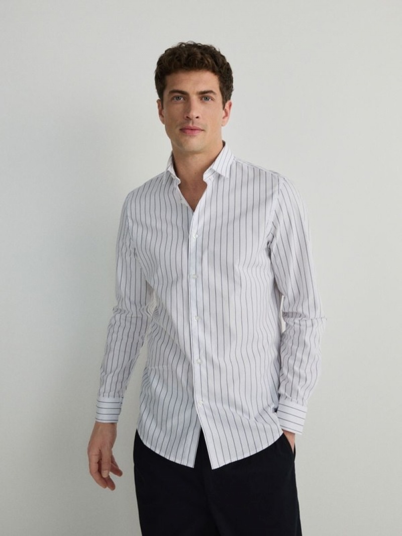 Blue Men's Reserved Striped Slim Fit Shirts | 63810GXMB