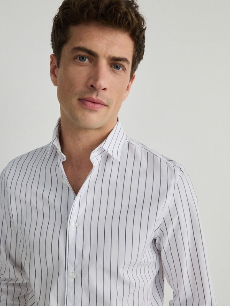 Blue Men's Reserved Striped Slim Fit Shirts | 63810GXMB