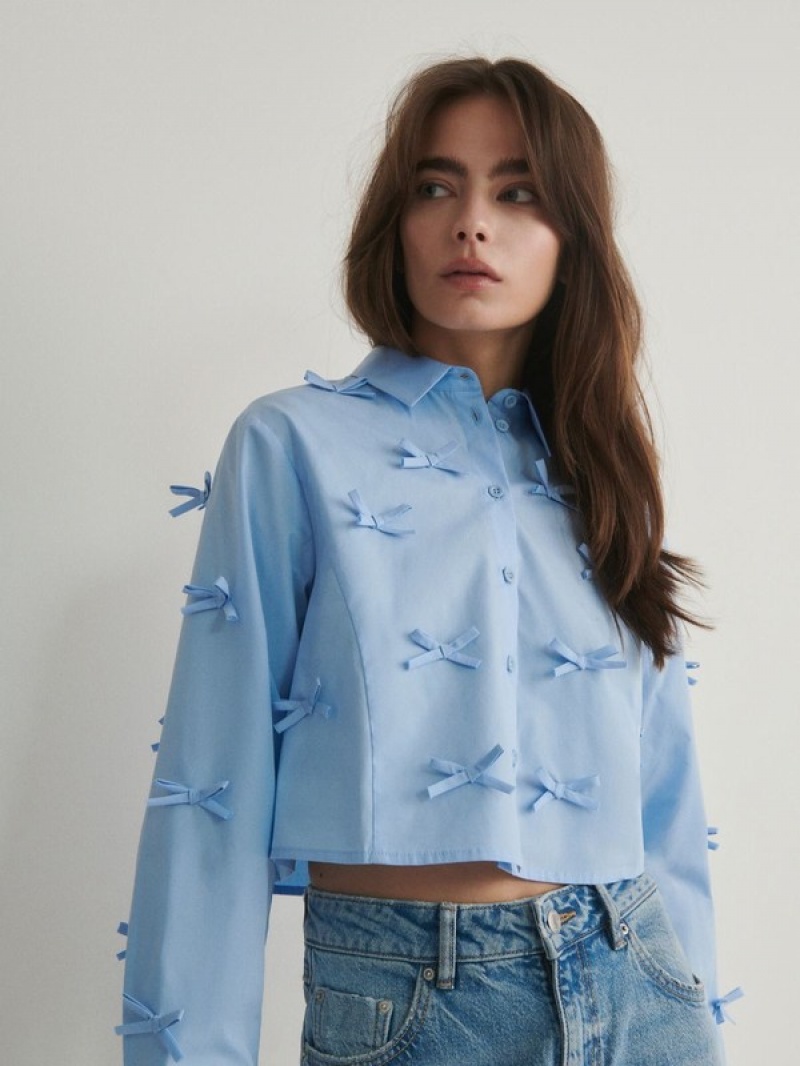 Blue Women's Reserved Bow Details Shirts | 34901YBXP