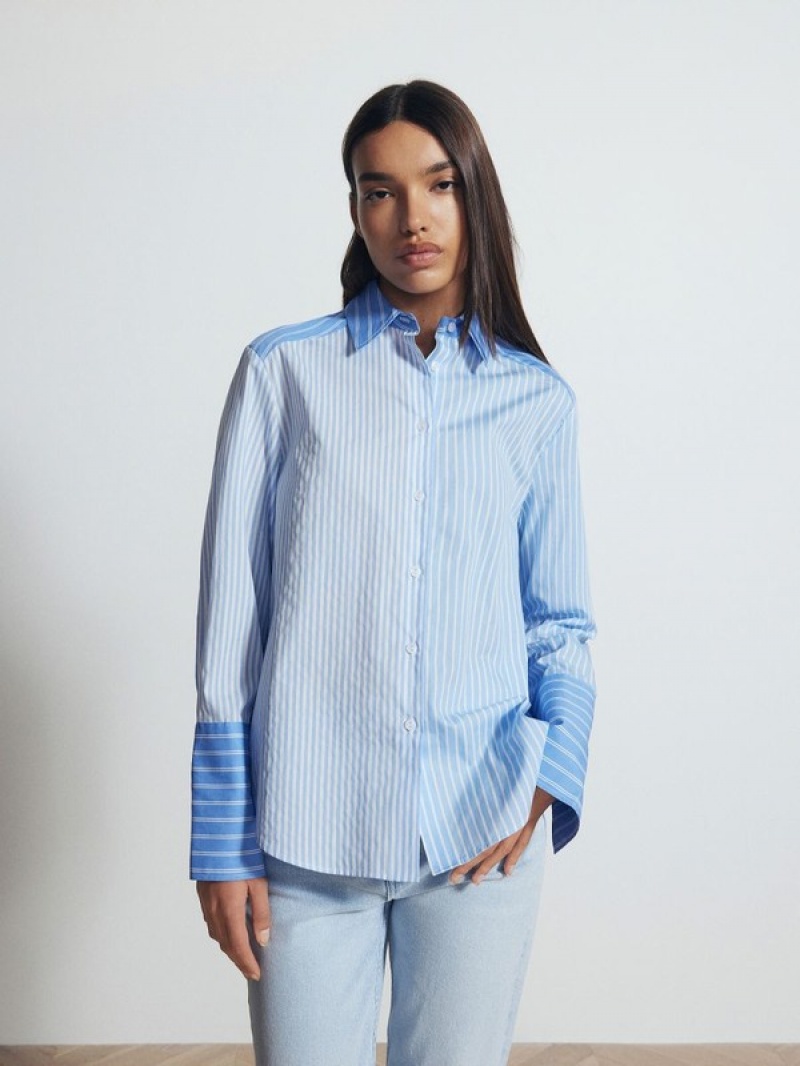 Blue Women's Reserved Contrast Panel Shirts | 32581DQWT