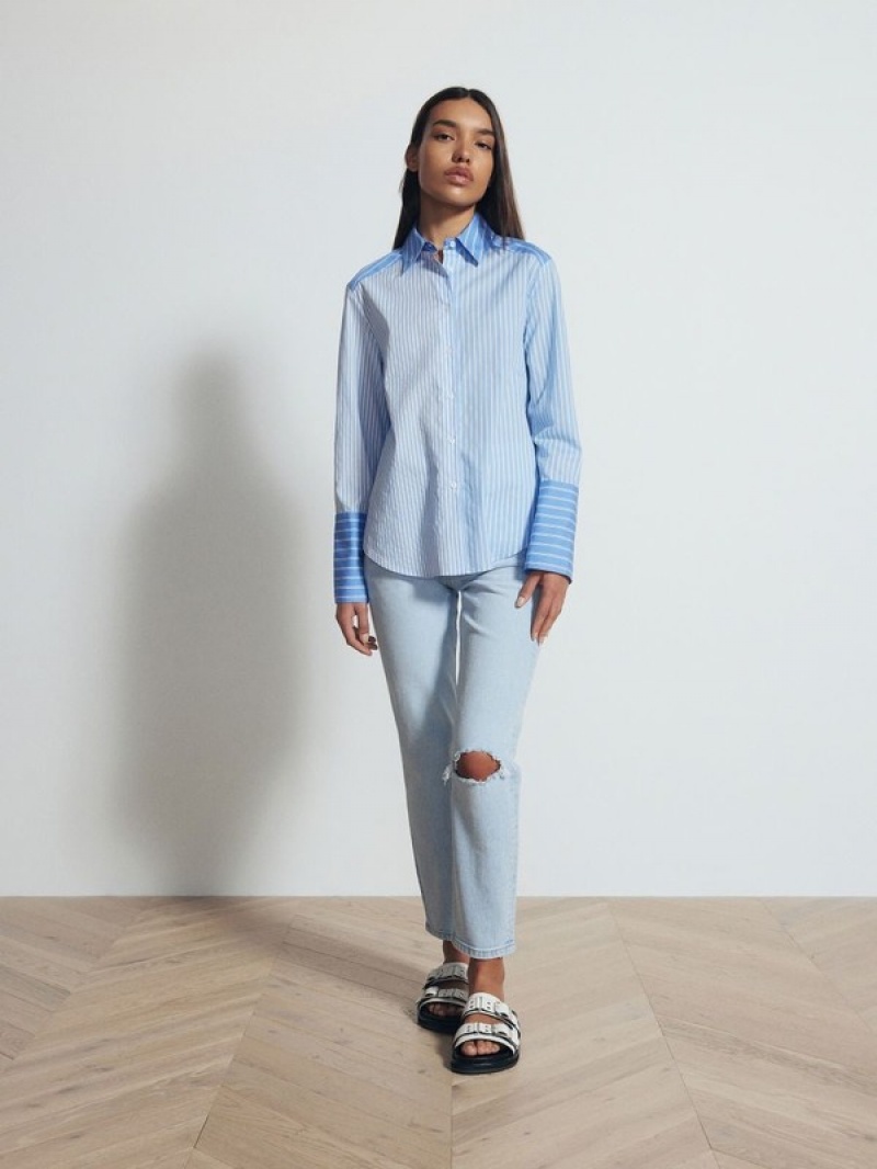 Blue Women's Reserved Contrast Panel Shirts | 32581DQWT