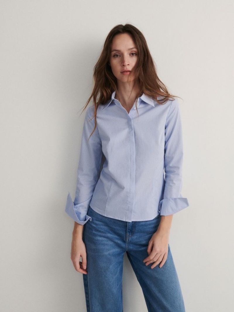 Blue Women\'s Reserved Cotton Rich Shirts | 61304LEPB