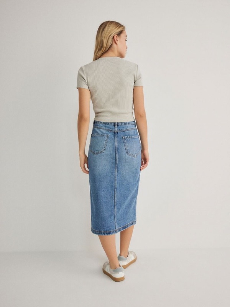 Blue Women's Reserved Denim Midi Skirts | 74610YCPK