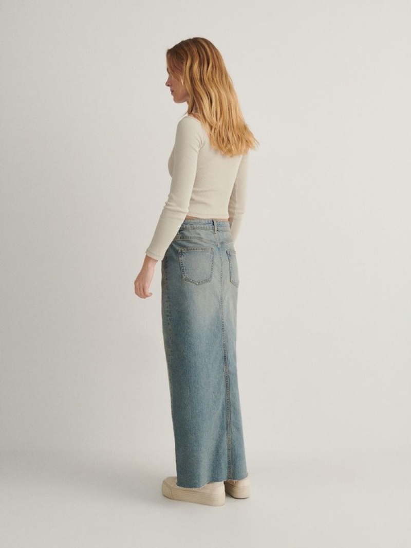 Blue Women's Reserved Denim Midi Skirts | 40391ITMX