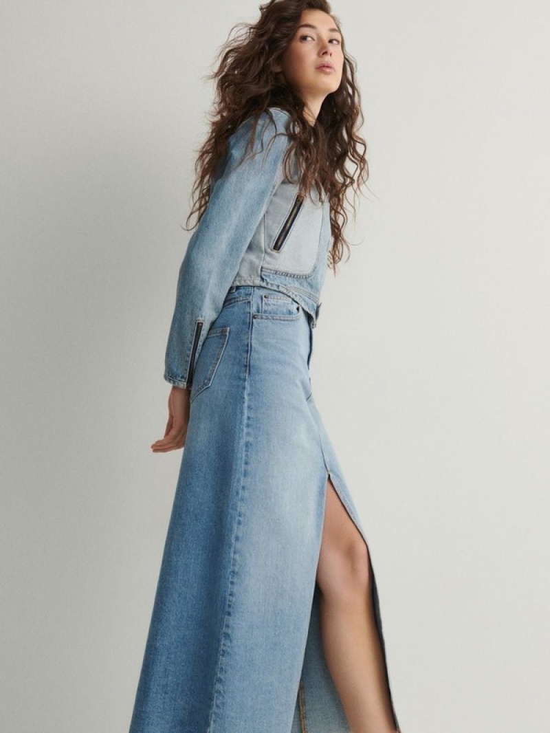 Blue Women's Reserved Denim Midi Skirts | 26874DQFX