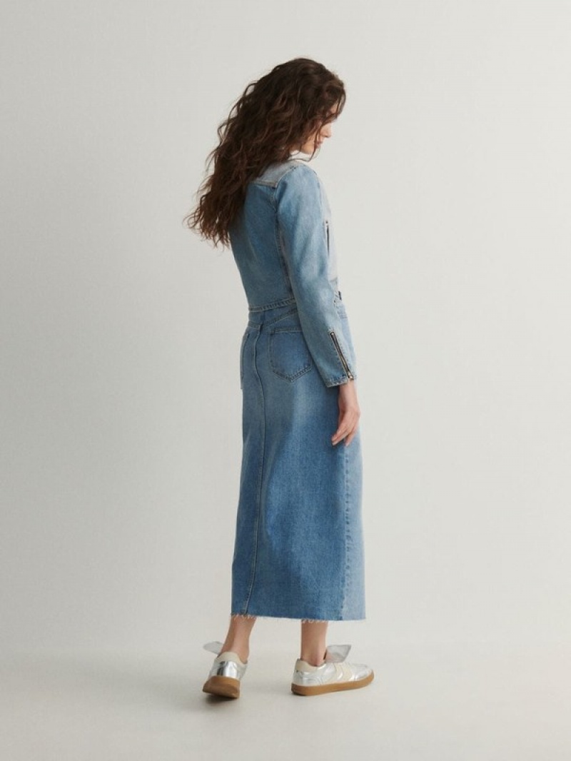 Blue Women's Reserved Denim Midi Skirts | 26874DQFX