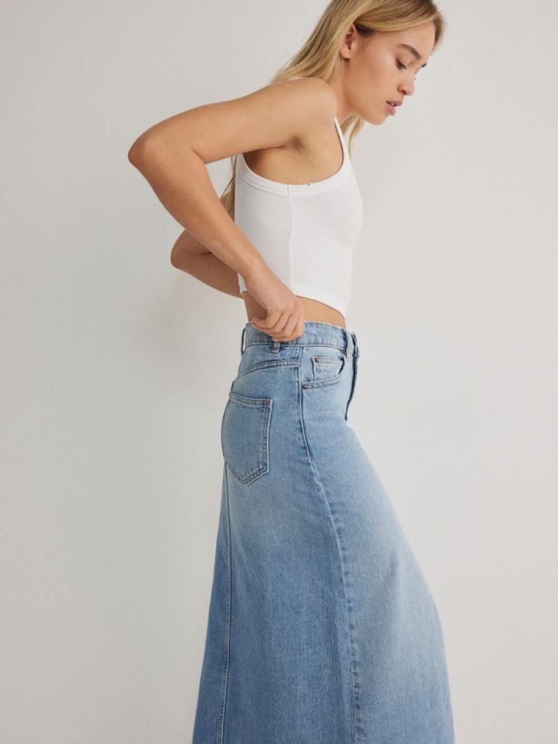 Blue Women's Reserved Denim Midi Skirts | 74130VNCH