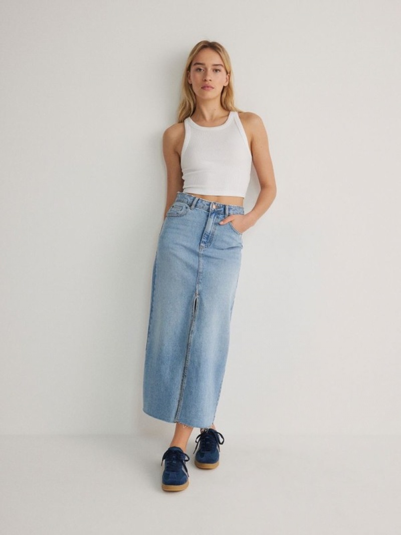 Blue Women's Reserved Denim Midi Skirts | 74130VNCH