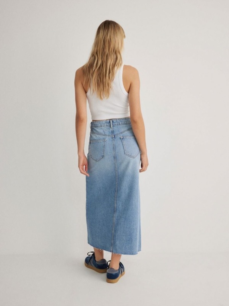 Blue Women's Reserved Denim Midi Skirts | 74130VNCH