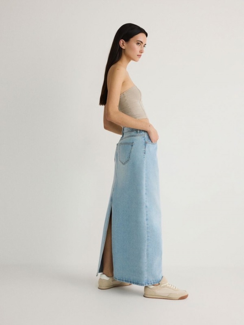 Blue Women's Reserved Denim Midi Skirts | 84052LJGC