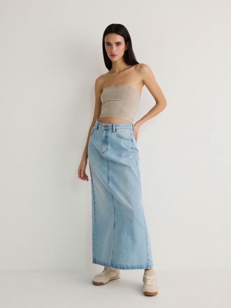 Blue Women\'s Reserved Denim Midi Skirts | 84052LJGC