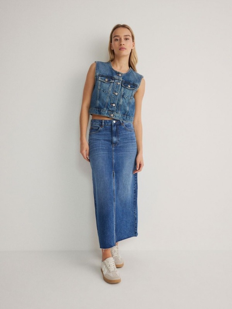 Blue Women's Reserved Denim Midi Skirts | 37859KNAG