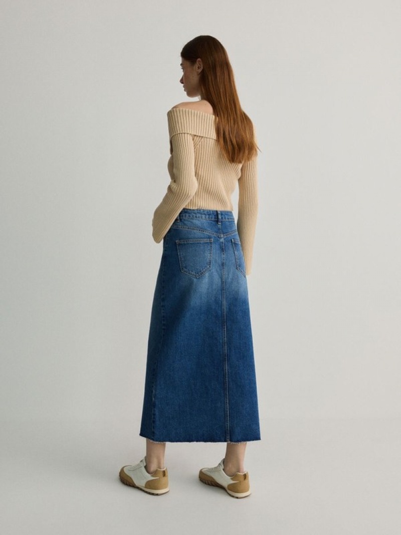 Blue Women's Reserved Denim Midi Skirts | 37859KNAG