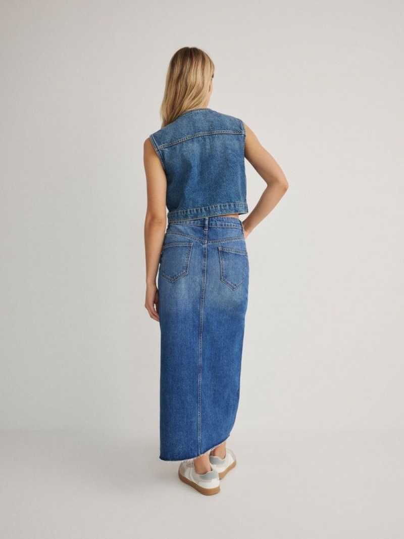 Blue Women's Reserved Denim Midi Skirts | 37859KNAG