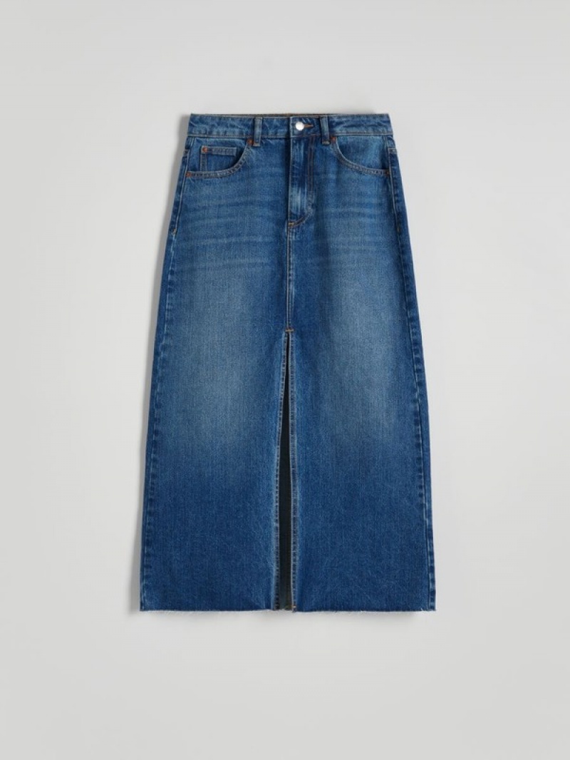 Blue Women's Reserved Denim Midi Skirts | 37859KNAG