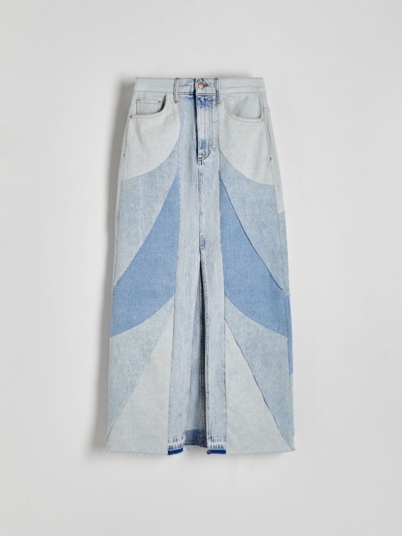 Blue Women's Reserved Patchwork Denim Skirts | 16753XGMJ