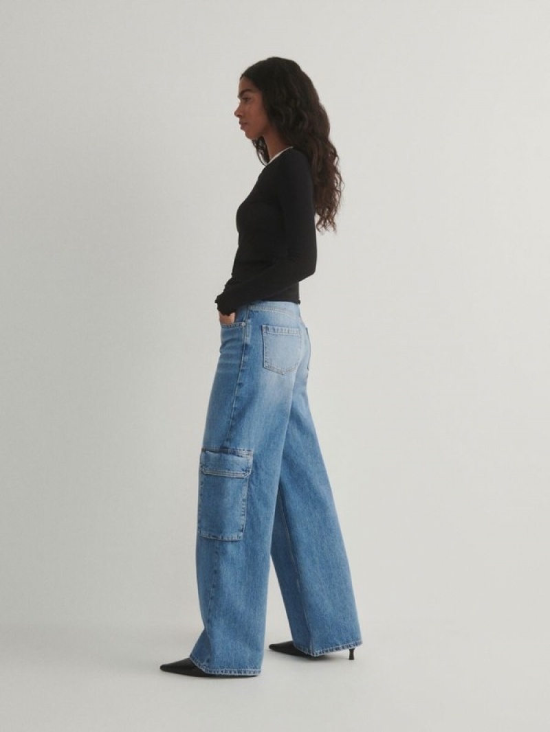 Blue Women's Reserved Wide Legcargo Pockets Jeans | 23670IWBF