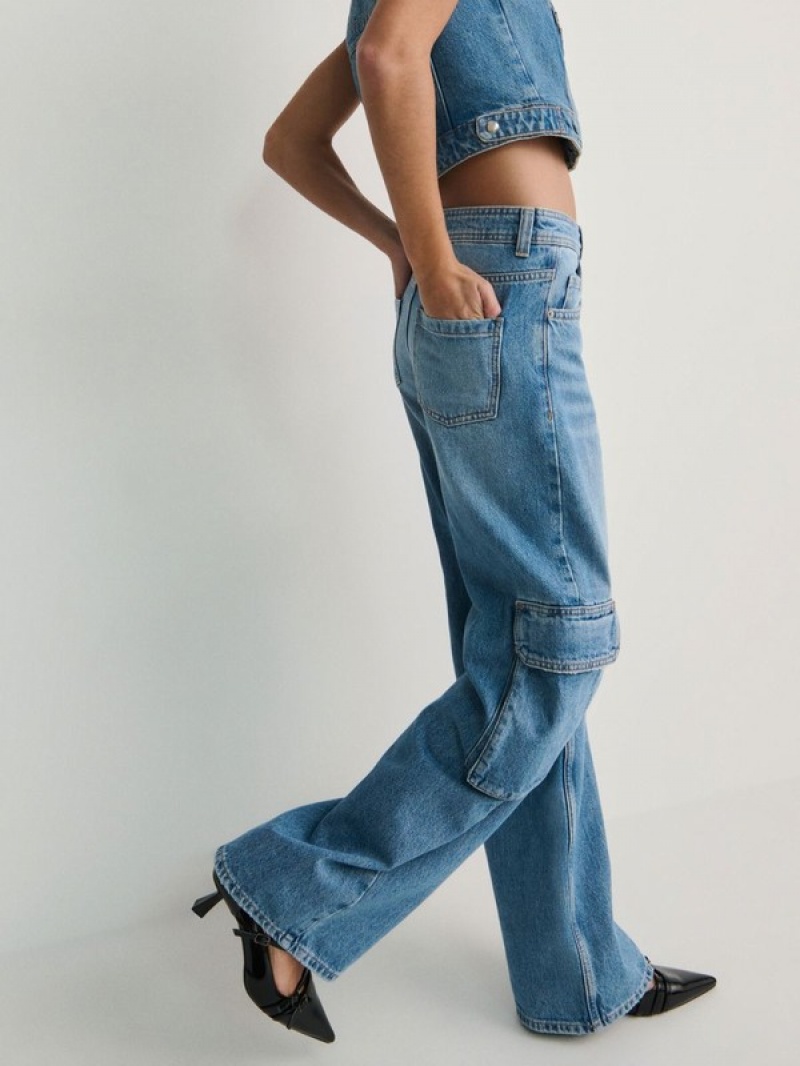 Blue Women's Reserved Wide Legcargo Pockets Jeans | 23670IWBF