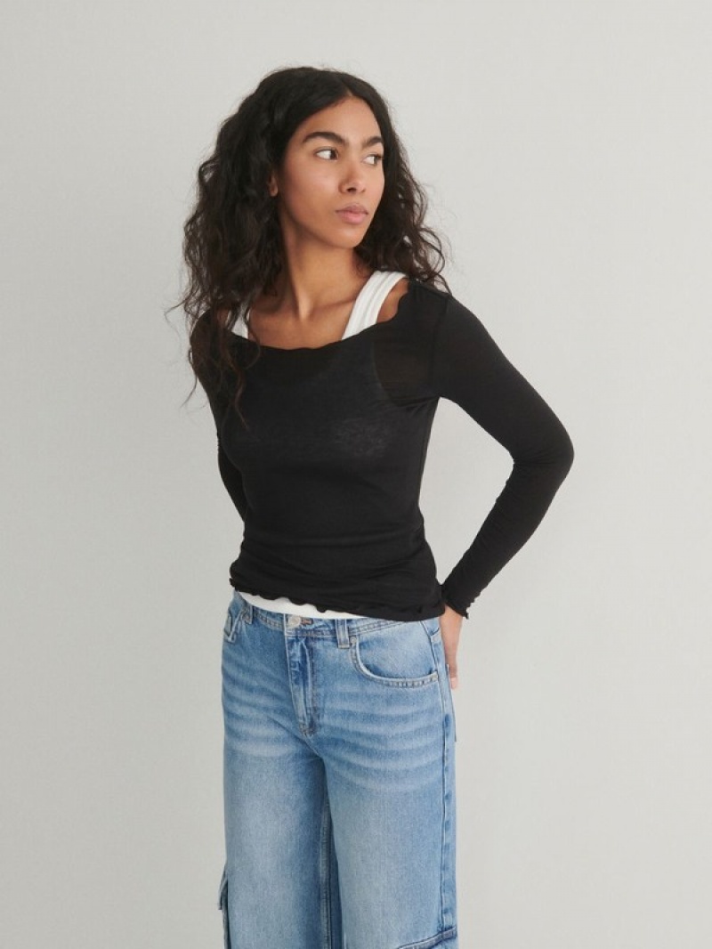 Blue Women's Reserved Wide Legcargo Pockets Jeans | 23670IWBF