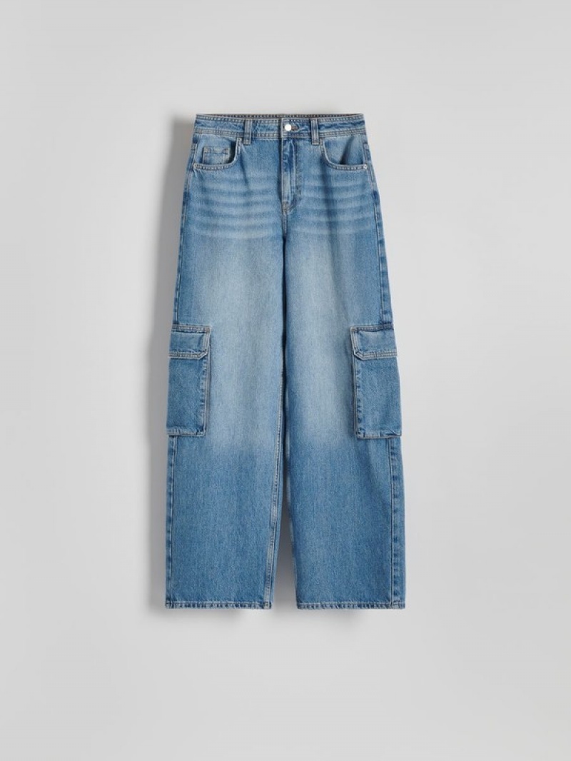 Blue Women's Reserved Wide Legcargo Pockets Jeans | 23670IWBF