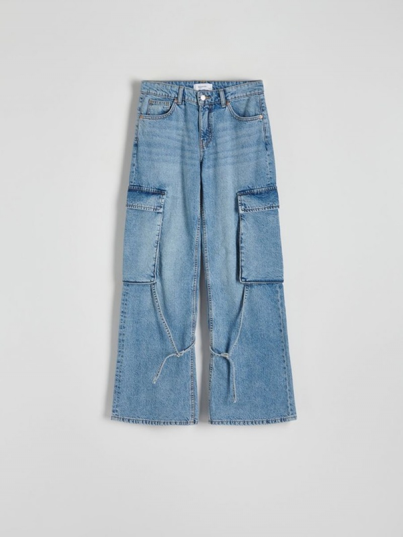 Blue Women's Reserved Wide Legcargo Pockets Jeans | 68435TSFE