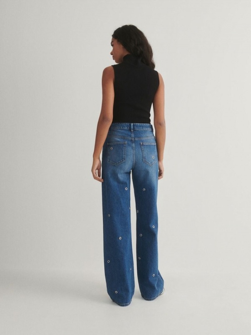 Blue Women's Reserved Wide Legeyelets Jeans | 05623WRKG