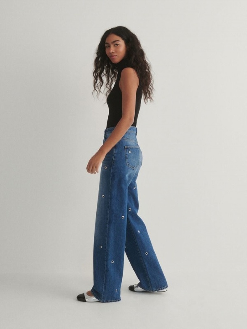 Blue Women's Reserved Wide Legeyelets Jeans | 05623WRKG