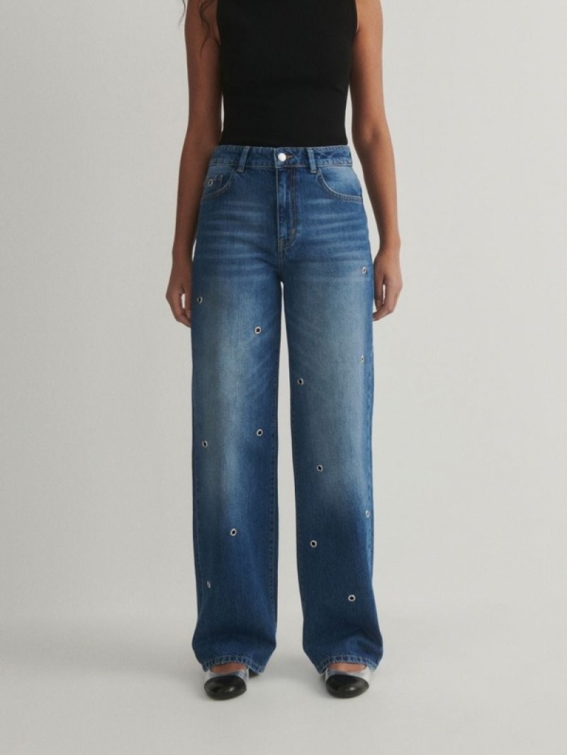 Blue Women's Reserved Wide Legeyelets Jeans | 05623WRKG