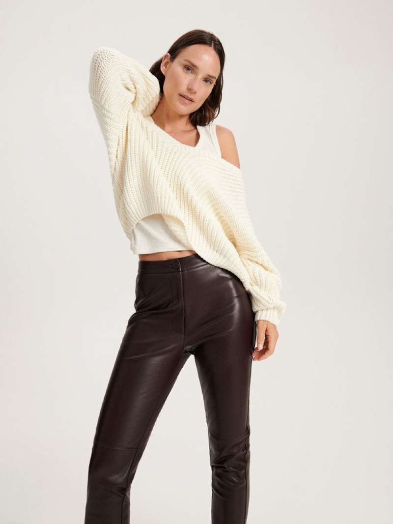 Brown Women's Reserved Faux Leather Trousers | 38920HQNA