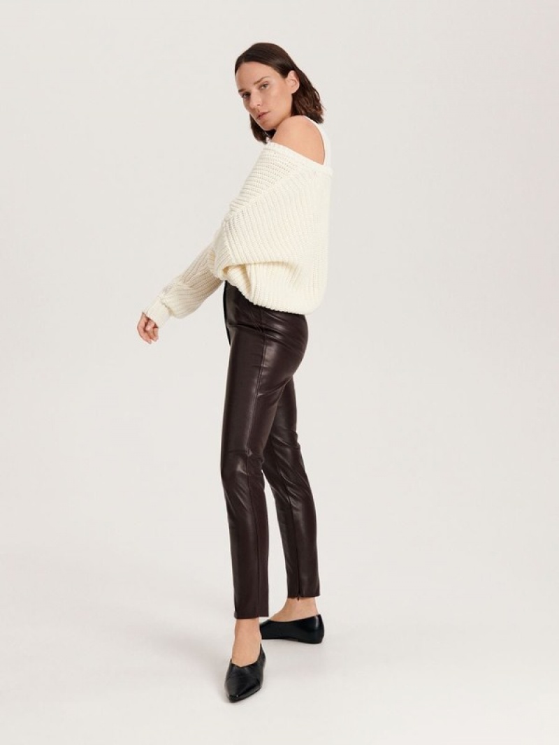 Brown Women's Reserved Faux Leather Trousers | 38920HQNA