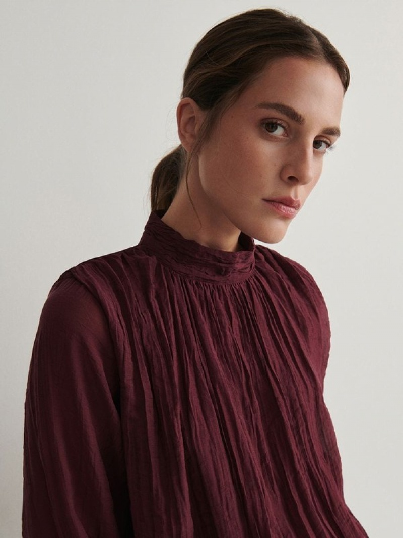 Burgundy Women's Reserved Topdecorative Gathering Shirts | 79034KEOJ