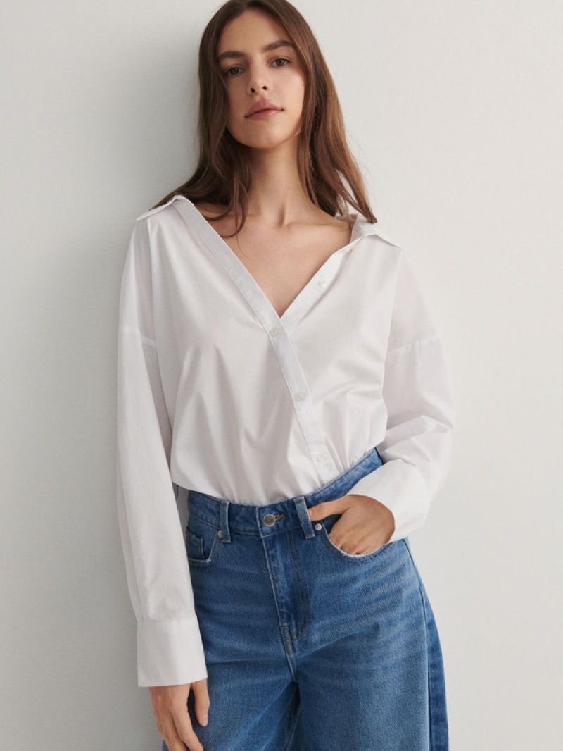 Cream Women's Reserved Asymmetric Fastening Shirts | 43289IFRW