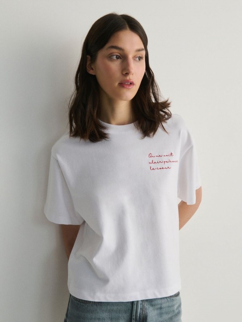 Cream Women's Reserved Boxy T-embroidery T-shirts | 03175CXGY