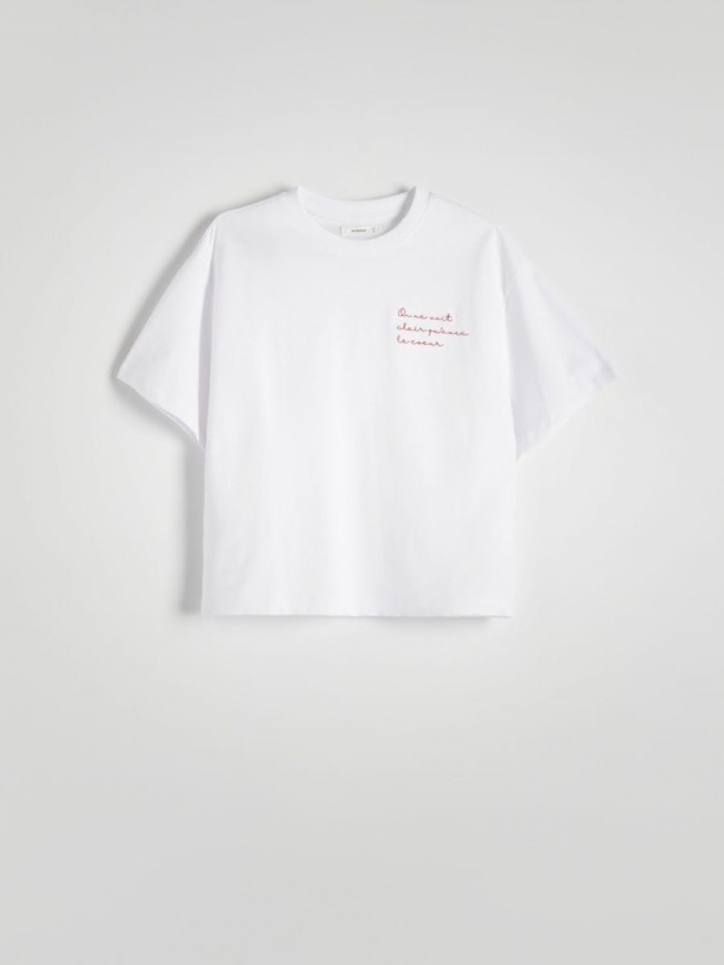 Cream Women's Reserved Boxy T-embroidery T-shirts | 03175CXGY