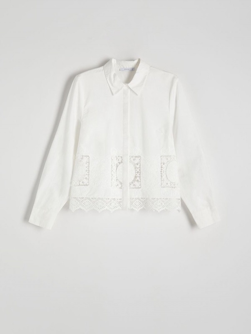 Cream Women's Reserved Embroidered Cotton Shirts | 51279WMEU