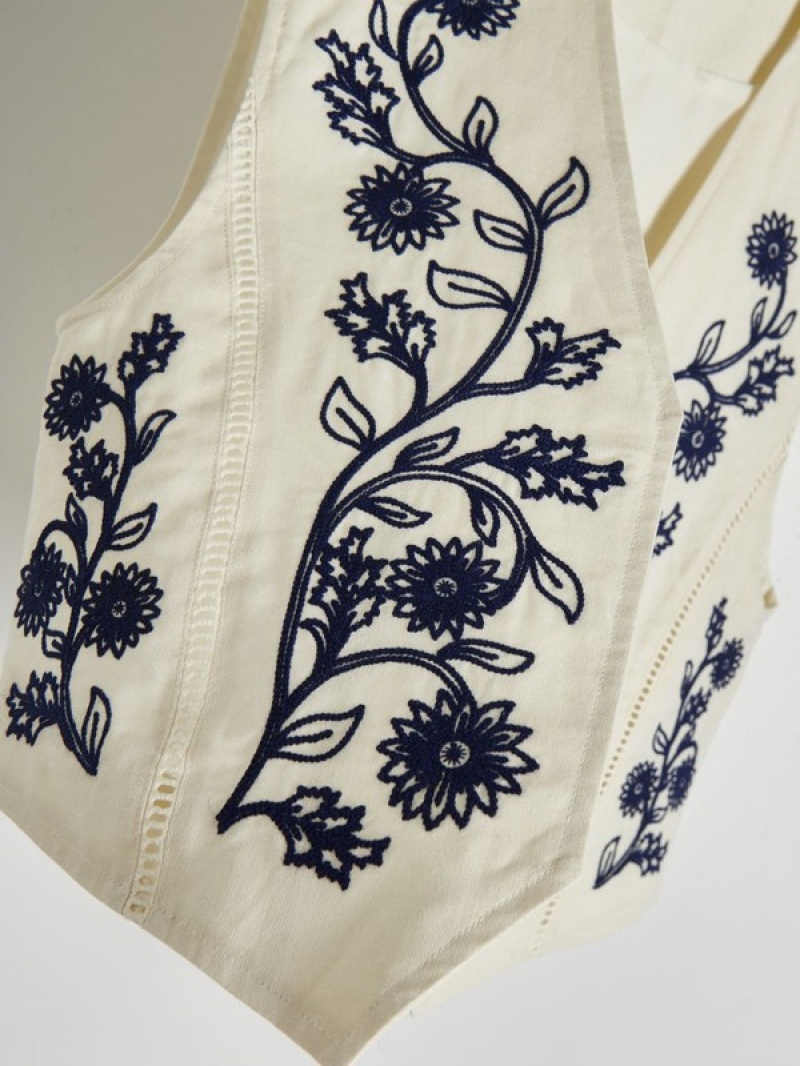 Cream Women's Reserved Linen Blendembroidery Detailing Vest | 20876QSTY