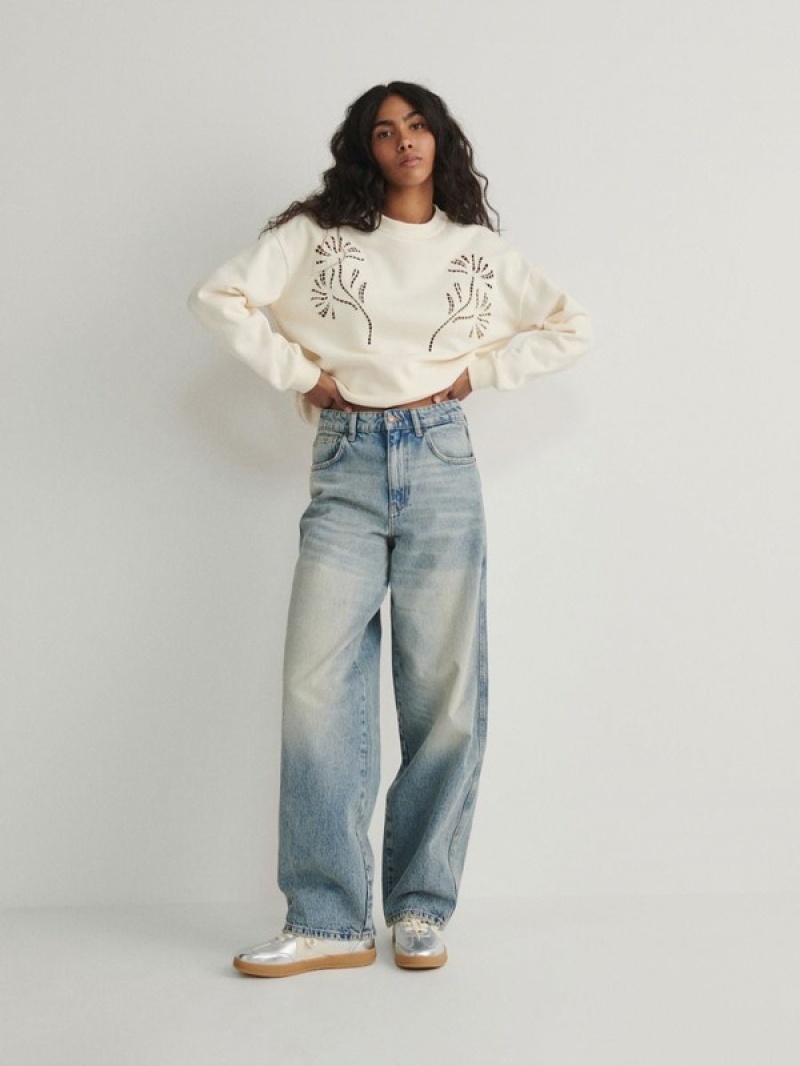 Cream Women's Reserved Sweatembroidery Detailing Sweatshirts | 65824JEGX