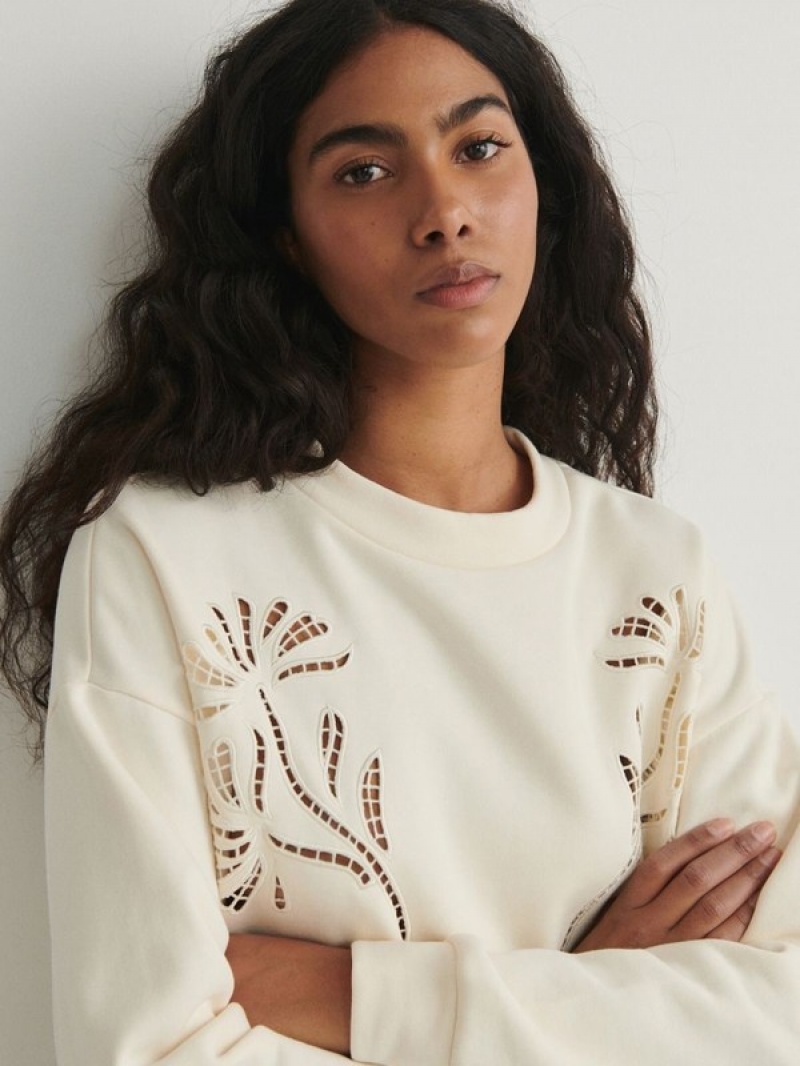 Cream Women's Reserved Sweatembroidery Detailing Sweatshirts | 65824JEGX