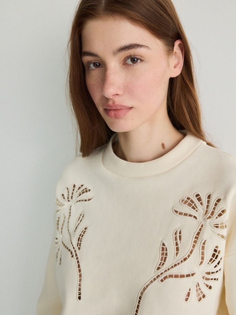 Cream Women's Reserved Sweatembroidery Detailing Sweatshirts | 13957MEQW