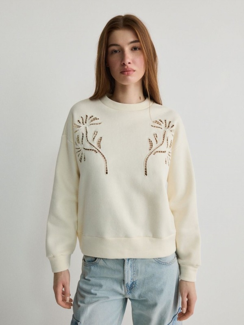 Cream Women\'s Reserved Sweatembroidery Detailing Sweatshirts | 13957MEQW