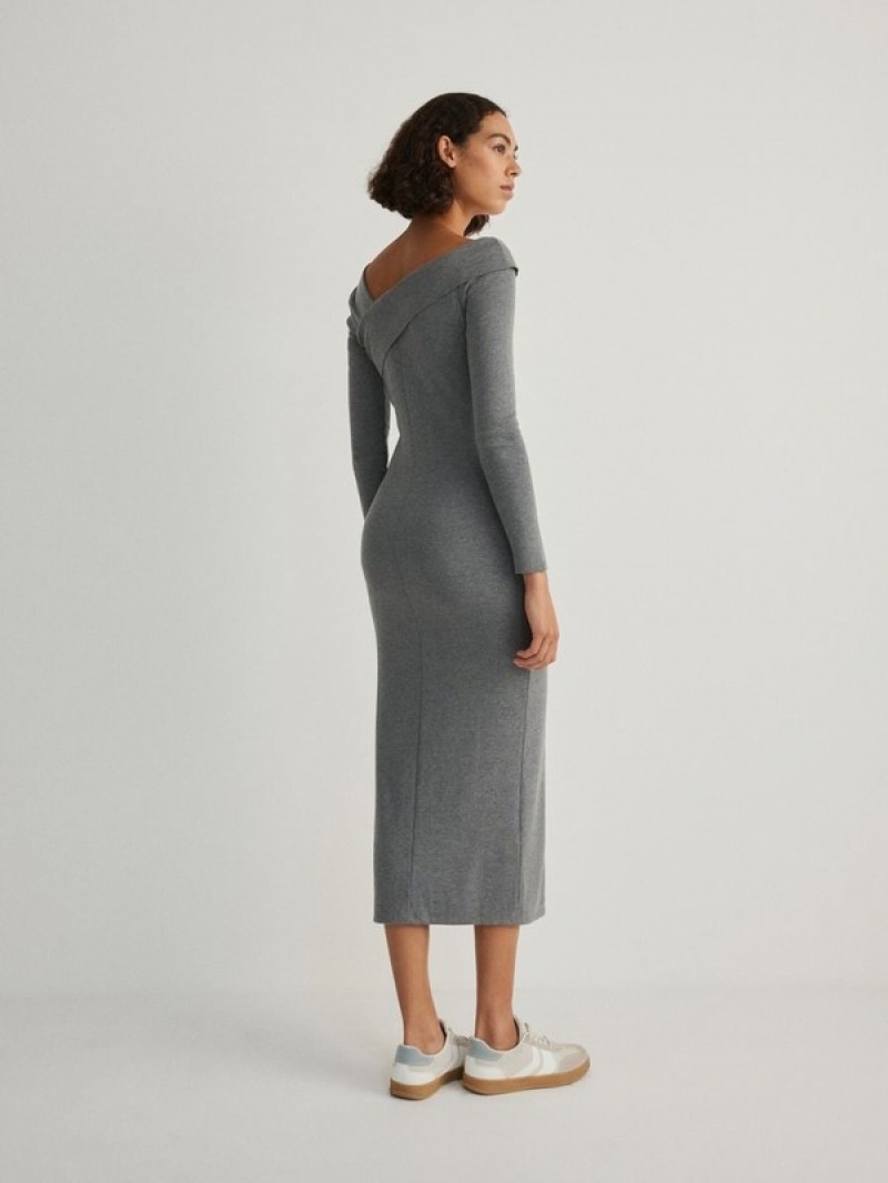 Dark Grey Women's Reserved Asymmetric Neckline Jersey Dress | 68057AWHG