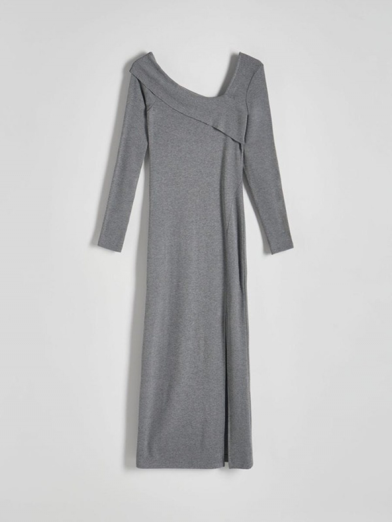 Dark Grey Women's Reserved Asymmetric Neckline Jersey Dress | 68057AWHG