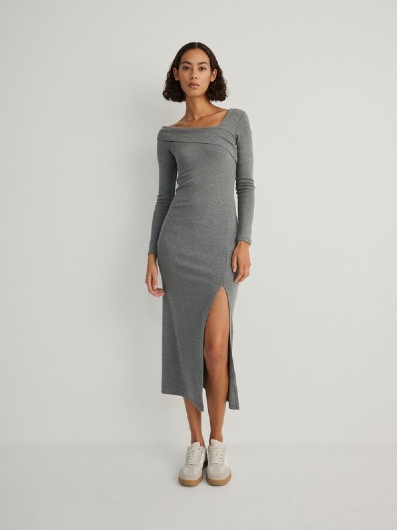 Dark Grey Women\'s Reserved Asymmetric Neckline Jersey Dress | 68057AWHG