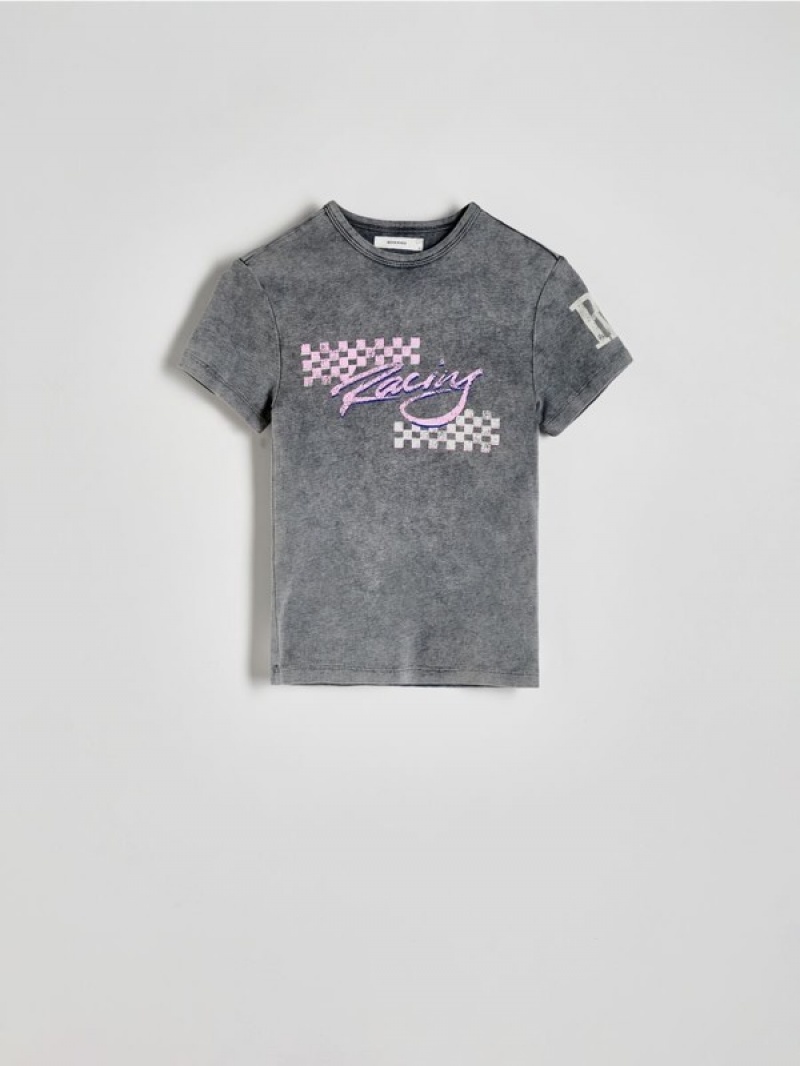 Dark Grey Women's Reserved T-wash Effect Print T-shirts | 82579GHFA